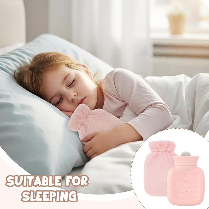 Amylove 3 Pcs Mini Hot Water Bottle for Hot & Cold Compress with Cover 320ml Silicone Microwave Heating Bottles Small Water Bag for Travel Holiday Gift (Pink, Gray, White,Plush)