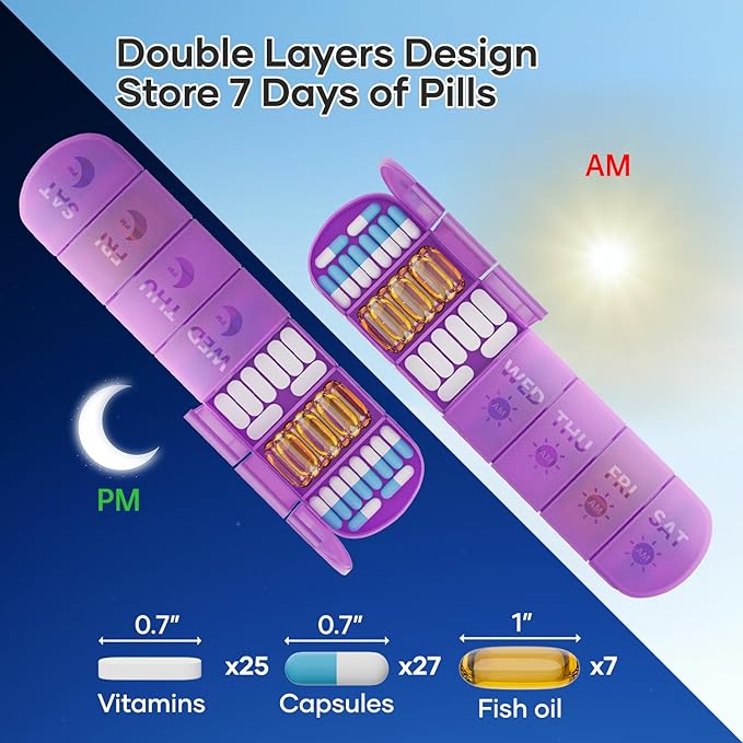 2 Layers Weekly Pill Organizer 2 Times a Day, Travel Medicine Pill Organizer, Pill Box Case 7 Day AM PM BPA-Free, Pill Container for Vitamins, Fish Oil, Supplements and Medication, Purple