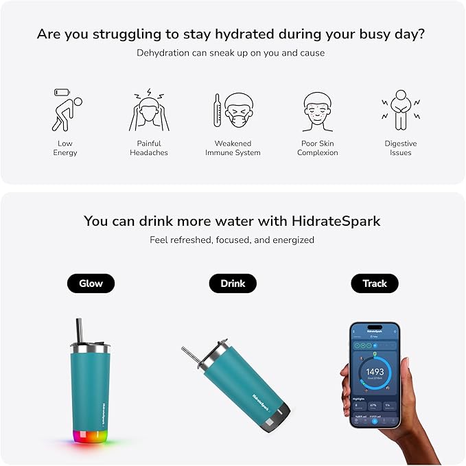 Hidrate Spark PRO Smart Tumbler Bundle – Insulated Stainless Steel – Tracks Water Intake with Bluetooth, LED Glow Reminder When You Need to Drink – 20oz (Sea Glass)