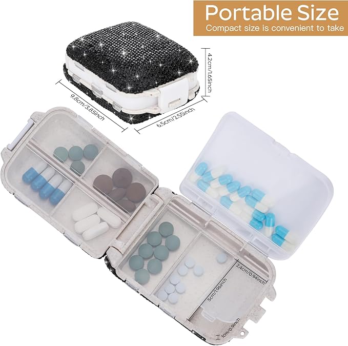 Soleebee Portable 8 Compartments Daily Pill Organizer, Bling Crystal Pill Box Case, Small Travel Pill Planner, Pill Dispenser, Medicine Container Organizer to Hold Vitamin, Fish Oil (Black)
