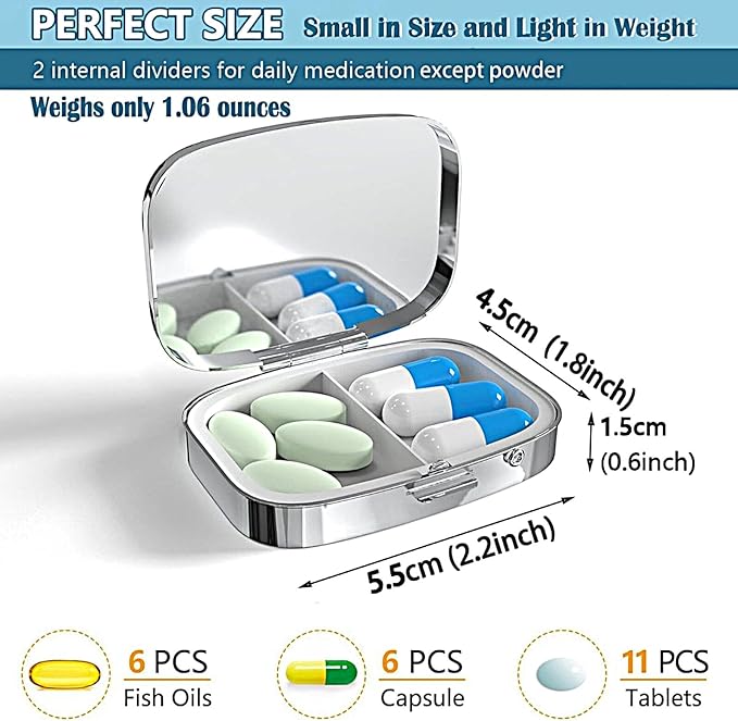 ABLESKY Pill Box, 2 Compartment Pill Organizer Case for Pocket or Purse, Small Portable Metal Travel Medicine Box with Mirror, Daily Vitamins Fish Oil Container-White Elegant Flowers Floral