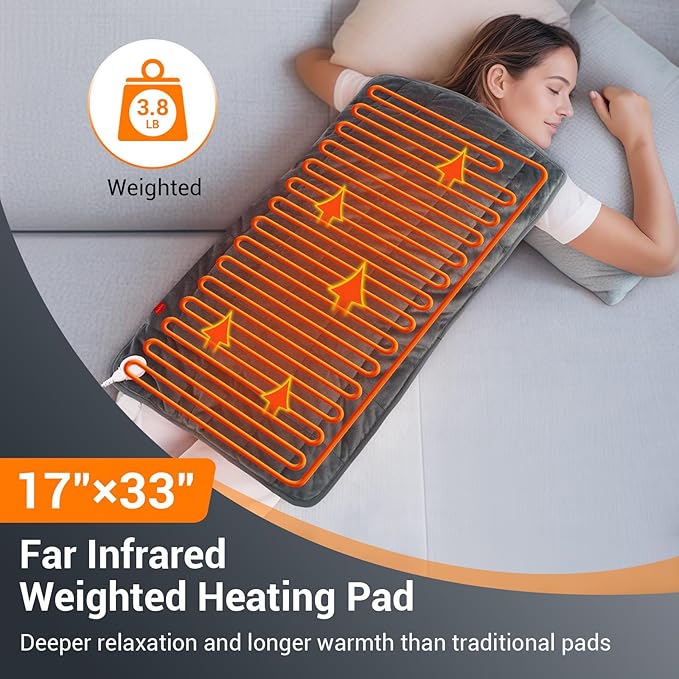 Comfytemp Far Infrared Large Heating Pad 17"×33" for Deeper Back & Period Relaxation, FSA Eligible Weighted Electric Heat Pad with Evenly Filling Ceramic Bead for Better Fit, HSA King Size Heated Pad