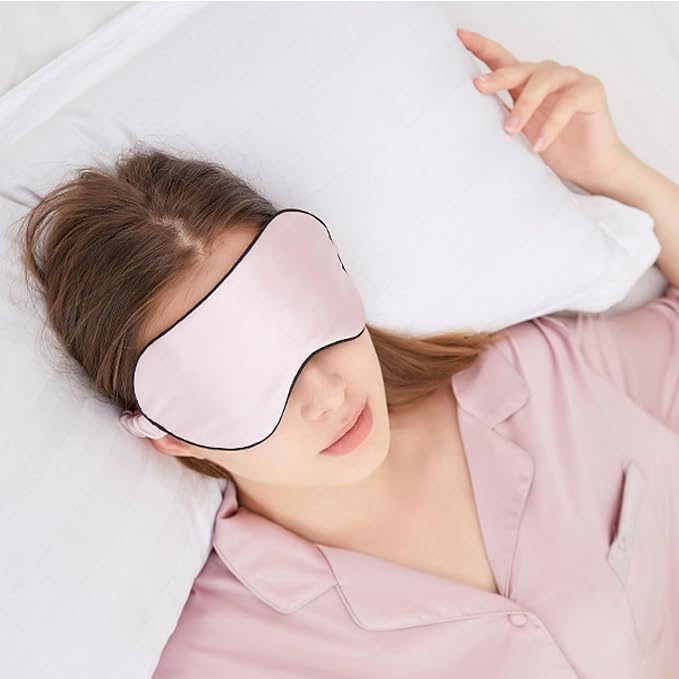 100% Mulberry Silk Sleep Mask for Women/Men Airplane Travel, Pure 22 Momme Silk Eye Mask Blackout for Sleeping, Ajustable, Luxury, Anti Wrinkle, Anti Aging Silk Blindfold, Made in USA (Pink)