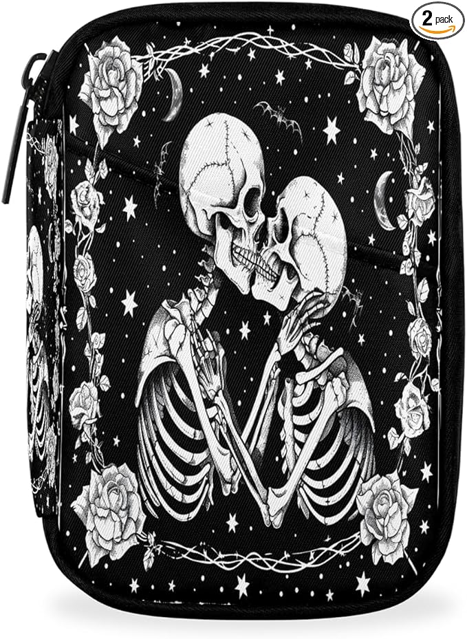 Black Romantic Skull Pill Case Travel Pill Organizer Weekly 7 Day Portable with Zipper Medicine Box Pill Case for Vitamins, Birth Control,Fish Oils,Medication, Supplements