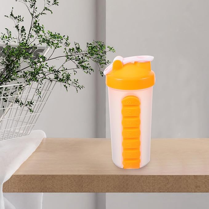 Clear Water Bottles 7 Day Pill Box Organizer with Water Bottle Weekly Dispensers Reminder Medicine Holder Portable Inserted Pill Case Bottle for Travel Gym Outdoor Orange