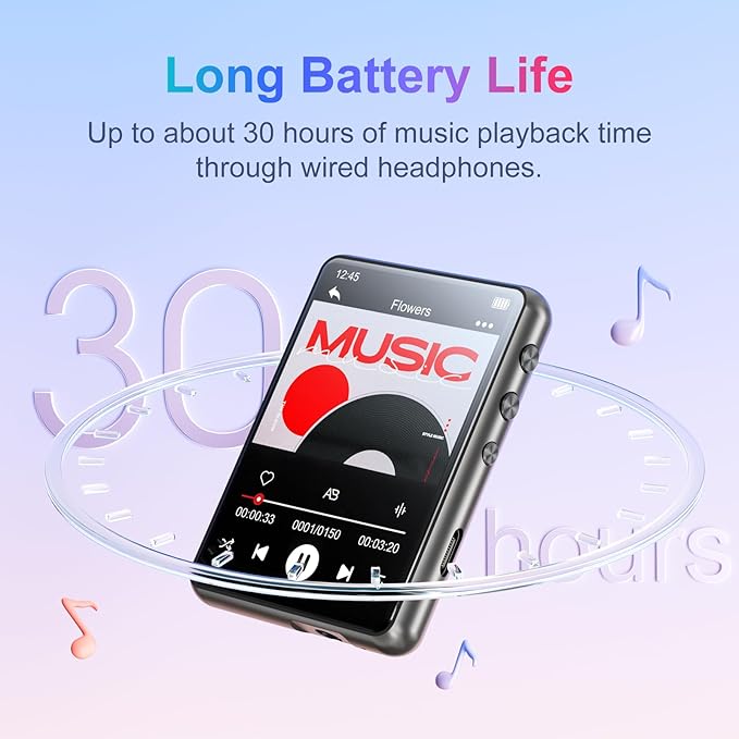 MECHEN 64GB MP3 Player Bluetooth 5.3 with 2.4" Full Touch Screen，Portable Digital Music Player with Speaker，FM Radio, Line Recording, HiFi Lossless Sound, Support up to 128GB. (Gray)