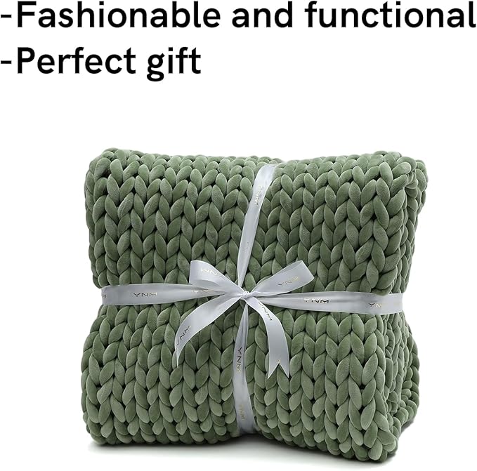 YnM Velvet Weighted Blanket, Handmade Chunky Knitted Design, Soft and Cozy, Temperature Regulating and Breathable, Machine Washable Throw for Sleep or Home Decor (Avocado Green, 60x80 Inch, 20lbs)