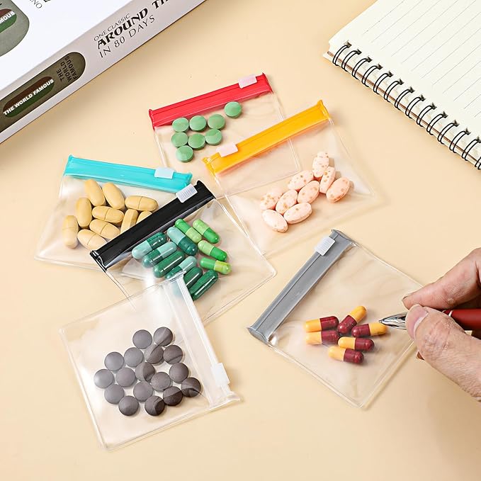 12 Pcs Zippered Pill Pouch Slide Lock Storage Bags Reusable Mini Seal Portable Medicine Baggies Self-Sealing Travel Plastic Case for Home Office Organizing Small Items