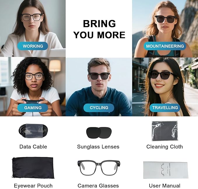 AI Smart Glasses with Camera, 8MP HD Camera Glasses with Video Recording Dual Mic, Real-time Translation & AI Voice Assistant, Identify Objects, IP65 Waterproof, Ideal for Travel & Meetings