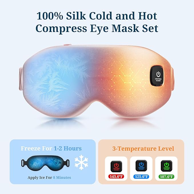 100% Silk Wireless Heated Eye Mask with Cooling - 3 Heat Settings, for Dry Eyes, Puffiness & Dark Circles - Adjustable, Washable, Travel-Friendly (Pink)