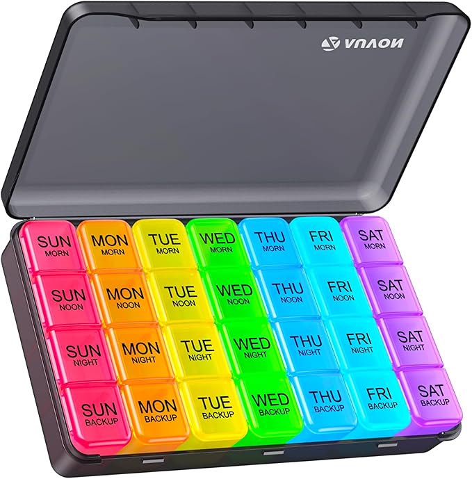 AUVON Weekly Pill Organizer 4 Times a Day in 7 Colors with Face-Up Labels for Easy Organization, Portable AM PM Pill Box 7 Day with Dual Protection Keeps Medications, Vitamins, Fish Oils from Spills