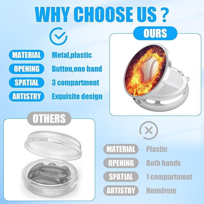 Baseball Pill Case, Pill Box 3 Compartments Metal Small Pill Holder with Mirror Mini Travel Pill Container for Purse Pocket Women Men
