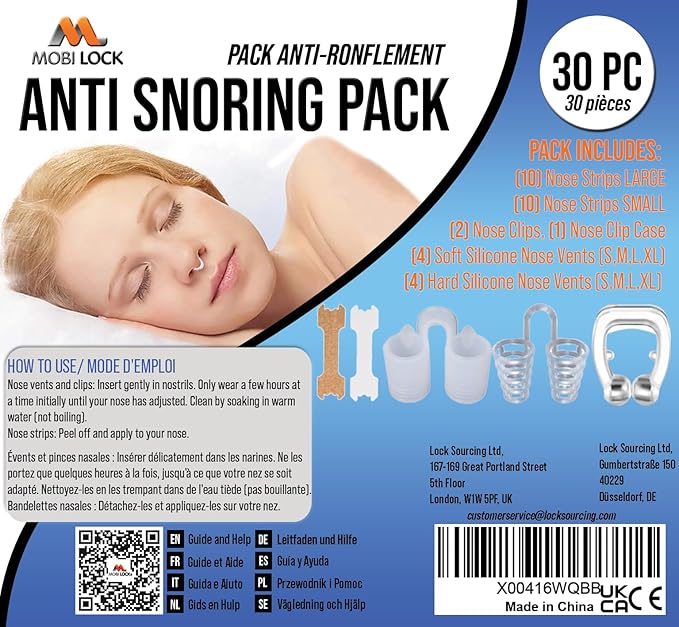 30pcs Anti-Snoring Solutions - Nose Vents, Nose Clips, and Nasal Strips - Snore Stopper for Men & Women - by Mobi Lock