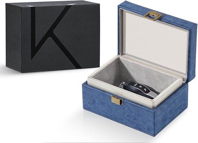 KK6M-BL Faraday Key Fob Protector Box, RFID Signal Blocking Shielding Box for Car Keys, Anti-Theft Vintage Faraday Cage with High-Grade Protein Leather, Blue - Size: M