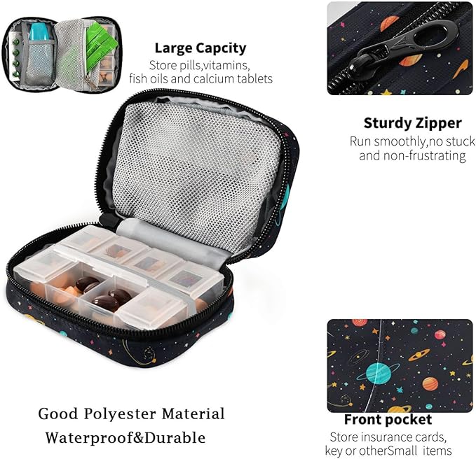 Fustylead Galaxy Constellation Universe Cartoon Flat Pill Organizer and Storage Weekly with Zipper, Removable Pill Box Portable Medicine Organizer for Vitamin Fish Oil Supplement