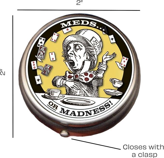 The Unemployed Philosophers Guild Mad Hatter Pill Box - Alice in Wonderland Themed 1 or 2 Compartment Compact Medicine Case, Pocket Pills Organizer