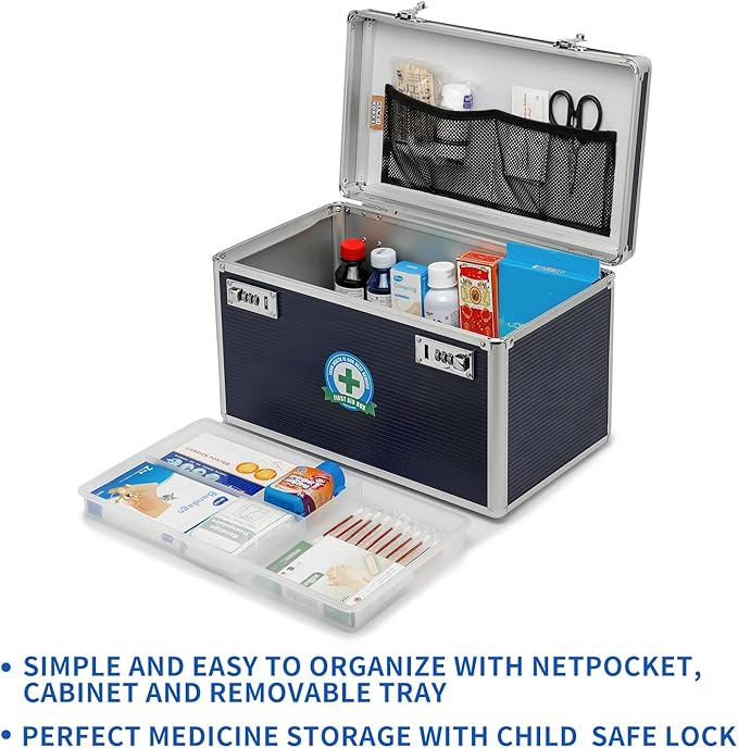 Large Capacity Combination Locking Medicine Box with Portable Storage Case, 15 x 8.7 x 9.3 Inch, Childproof Medication Lock Organizer, Lockbox for Secure Cash, ID Documents (Blue/X-large)