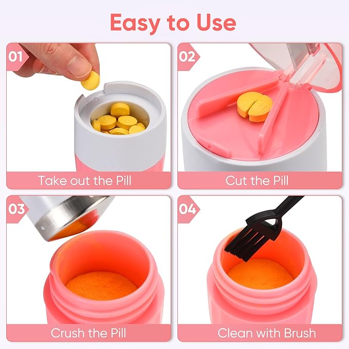 3-in-1 Pill Crusher and Pill Cutter, Pills Crusher Fine Powder with Stainless Steel Grinding Head, Pil Grinder with Storage for Tablets, Cutter Splitter for Small and Tiny Pills (Pink)