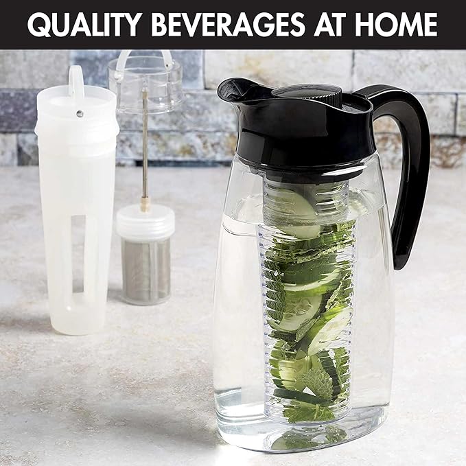 Primula Flavor-It Beverage System, Includes Large Capacity Fruit Infuser Core, Tea Infuser Core, and Chill Core, Dishwasher Safe Pitcher, 2.9-Quart, Black (Pack of 4)