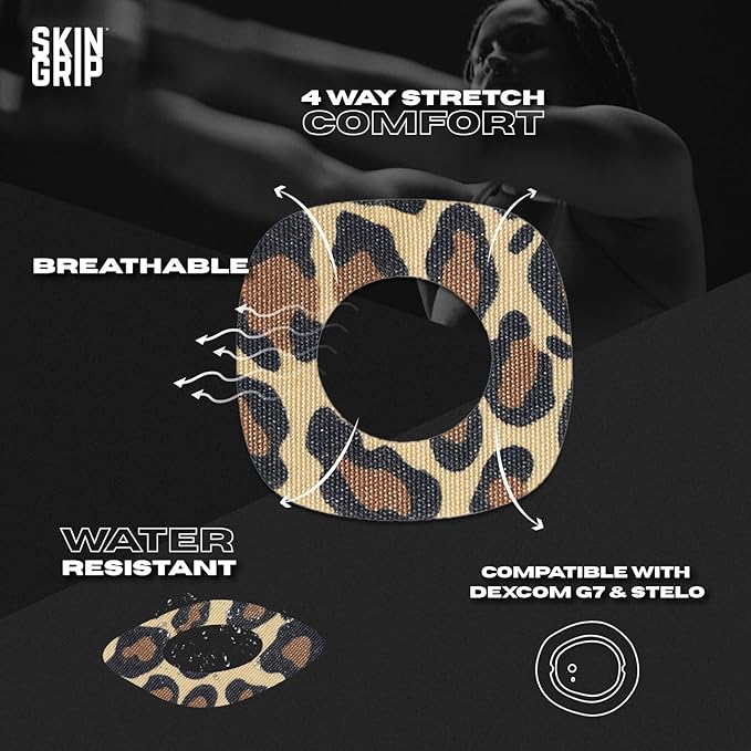 Skin Grip Adhesive Patches for Dexcom G7 & Stelo CGM with Cutout – Waterproof & Sweatproof Cover for Continuous Glucose Monitor Sensor, Stays Secure for 10-15 Days – 10 Patches, (Animal Prints)