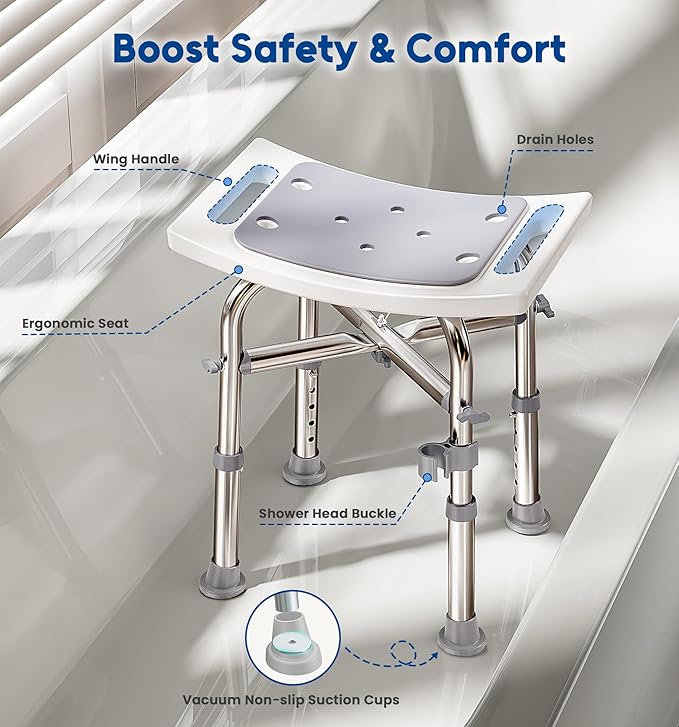 Shower Chair for Inside Shower, FSA/HSA Eligible 350lbs Heavy-Duty Bath Stool with Reinforced Crossbar, Padded Tub Seat, Adjustable Height for Elderly Disabled, Tool-Free Assembly, Rectangular