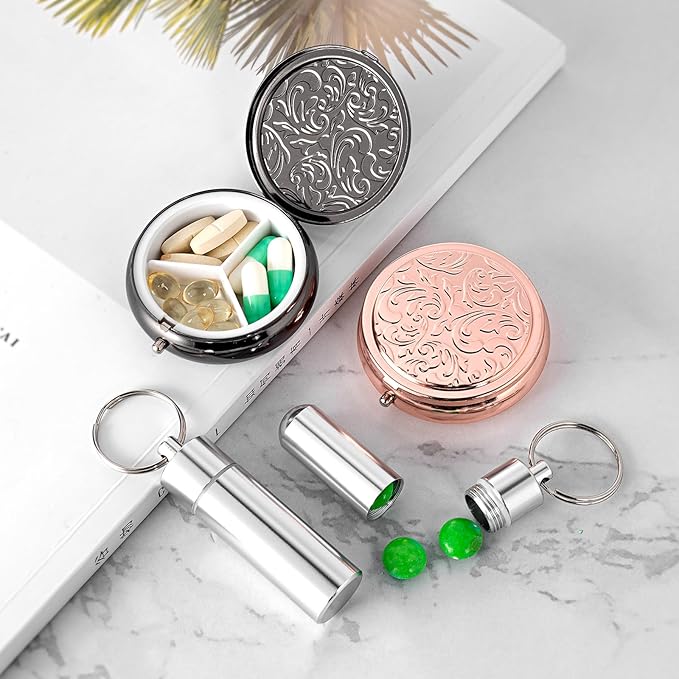 Pill Box 3 Compartment Pockets or Wallet Pill Case (2 Pieces) with Waterproof Keychain Portable Medicine Box (2 Pieces) - Small Travel Daily Vitamin Tissue Metal Pill Box (Black+Rose+Silver)