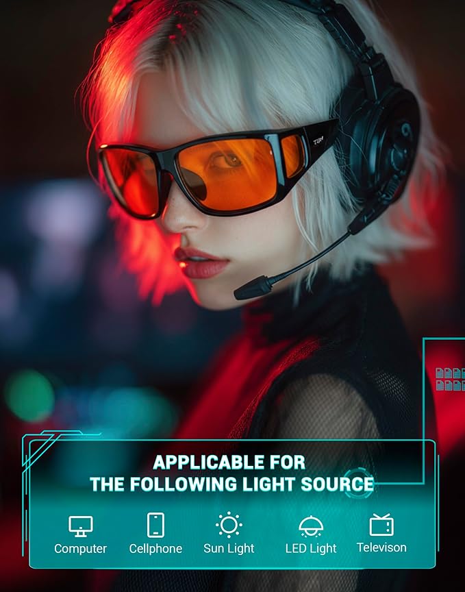 TIJN Sonia Red Sleep Glasses Orange Lens for Blue & Green Light Blocking,Dual AR Coating,Wraparound Frame for Gaming Screen