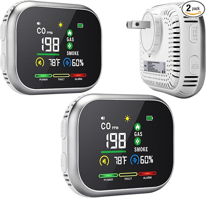 10 in 1 Carbon Monoxide Detectors Plug in, Smoke Natural Gas Detector with Alarm, CO Detector, Temp, Humidity, Portable Carbon Monoxide Detector for Home, White&Silver, 2 Packs