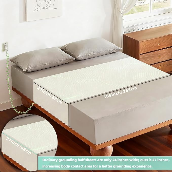 Grounding Sheets 27"x105" Fits All Mattress Sizes, Upgraded 10% Conductive Silver Fiber, 90% Organic Cotton for Improved Sleep, Square Grid White Grounded Half Flat Sheet