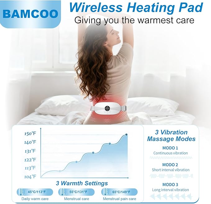 Portable Cordless Heating Pad, 5s Fast Heating, 3 Heat Levels and 3 Massage Modes, Menstrual Heating Pads for Women and Girls (White)