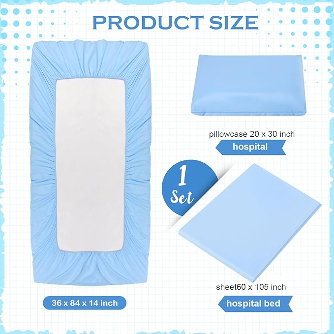 Moukeren 3 Pcs Hospital Bed Sheets Set Deep Pocket Fitted Sheet 36 with Elastic All Around Easy Care Knitted Jersey for Home/Nursing Home (Blue)