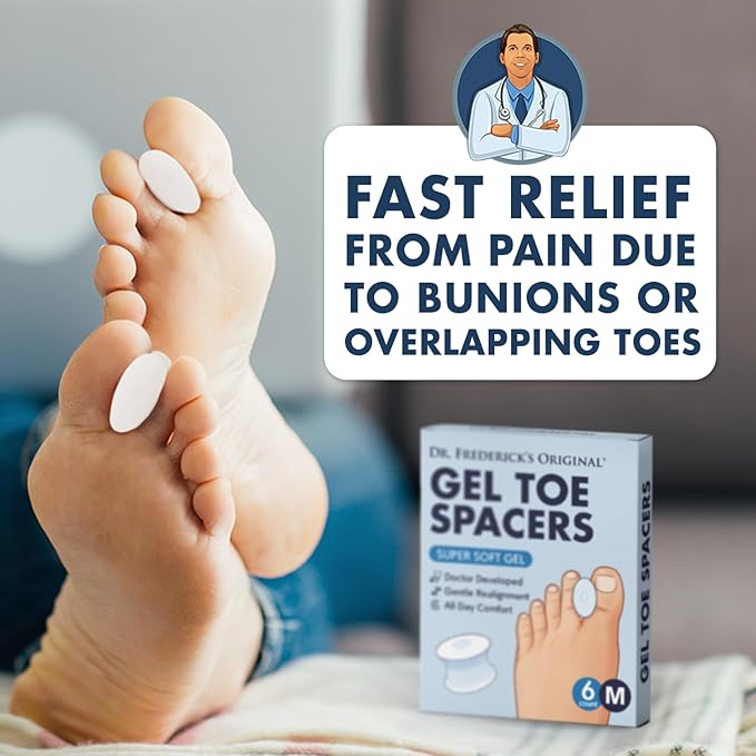 Dr. Frederick's Original Gel Toe Separators - 6 ct - Soft Bunion Spacers for Overlapping Toes, Gentle Alignment & Foot Pain Relief - Toe Cushion Spacers for Women & Men - Washable & Reusable - Medium