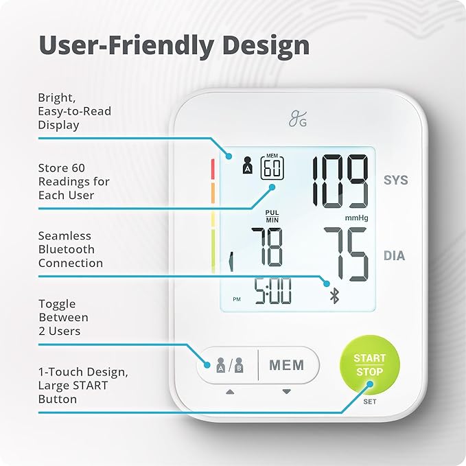 Greater Goods Automatic Bluetooth Blood Pressure Monitor for Home Use, Upper Arm BP Machine with Adjustable Wide Cuff (22–42 cm), Dual User Memory, Irregular Heartbeat Detection