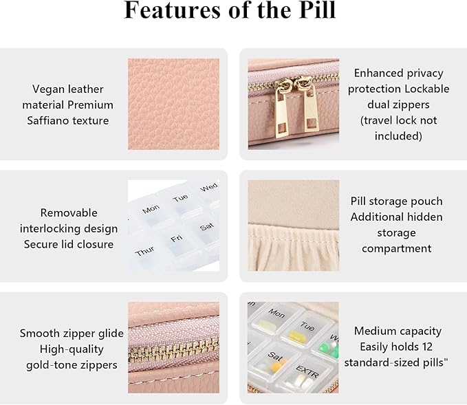Weekly Pill Organizer Pink Portable Leather Travel Pill Organizer 7 Day with Detachable 8 Compartments, Cute Travel Pill Case for Vitamins & Medication, Weekly Medicine Container with Secure Zipper