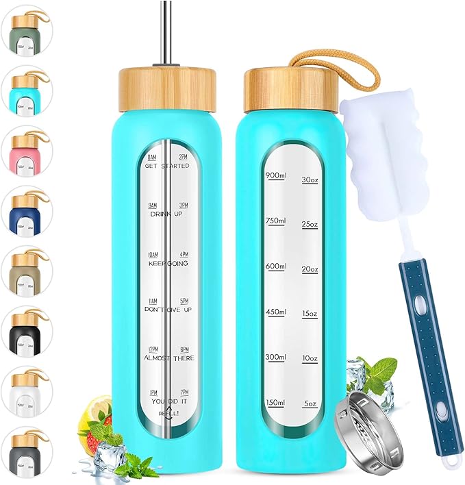 32 oz Glass Water Bottle with Straw - Motivational Time Marker & Silicone Sleeve - Reusable Tumbler Includes 2 Bamboo Lids & Fruit Infuser - 1 Pack