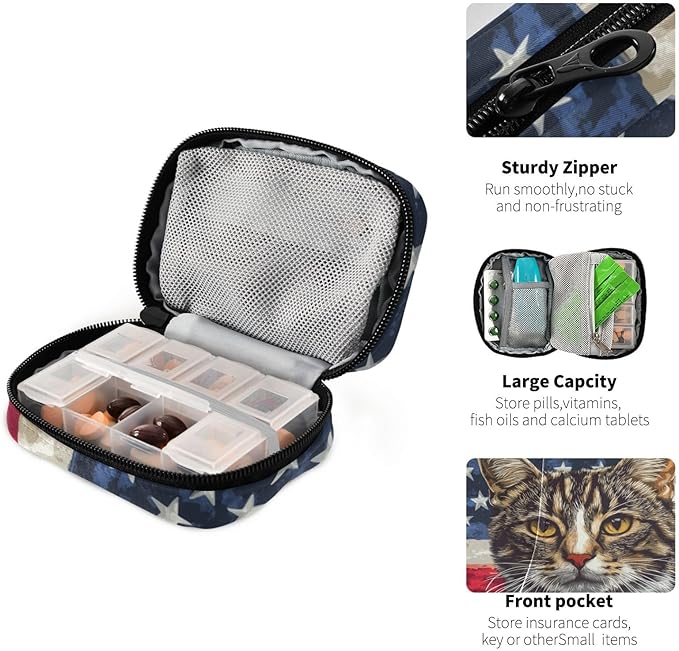 American Flag Cat Travel Medicine Organizer Bag Compact Pill Case with Inner Compartments & Secure Zipper for Women Men Seniors