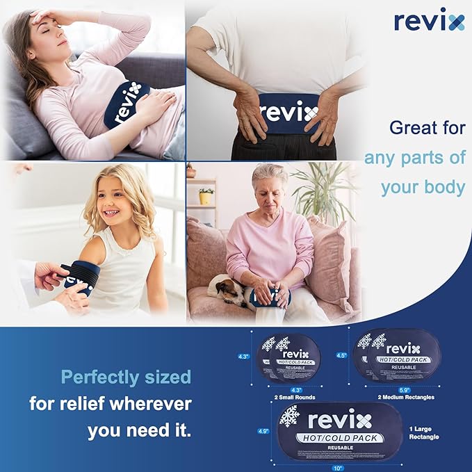 REVIX Reusable Ice Packs for Injuries – 5-Piece Gel Cold Packs with Hand-Free Design, Hot Cold Compress for Knee, Back, Shoulder, Neck, Elbow, Post-Workout or Daily Use, Navy
