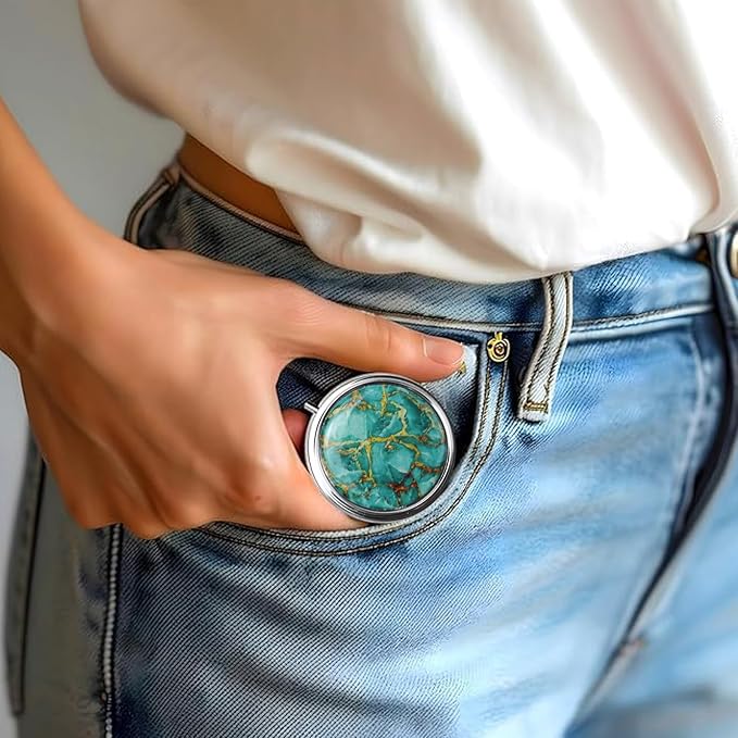 3-Compartment Pill Organizer with Mirror Retro Small Bronze Pill Case for Purse, Floral Design Travel Pill Box for Vitamins, Fish Oil, Supplements | Portable & Compact (Color H, One Compartment)
