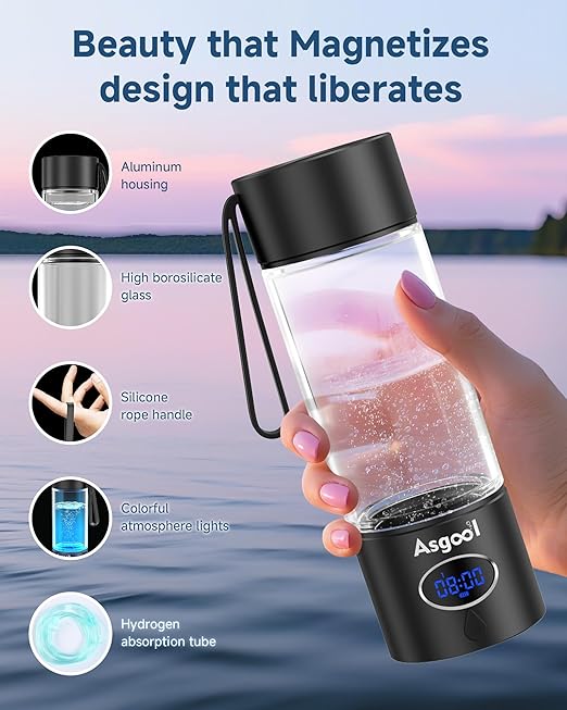 Hydrogen Water Bottle - 5000 PPB in 8 Minutes, Cyclic Mode for 8 Hours, Self Clean, Aluminum & Glass, for Travel Sports Office Home, Gift for Father Mom Family Friends Clients(Black, 12Oz)