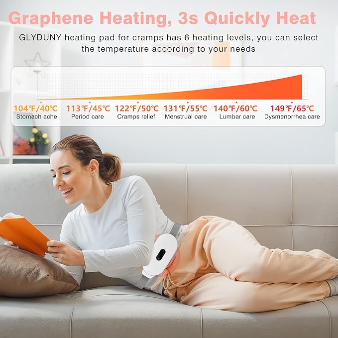 Heating Pads, Period Cramp Massager Portable Cordless Heating Pad with 6 Heat Levels and 6 Massage Modes for Back Pain Relief Menstrual Heating Pad (White)