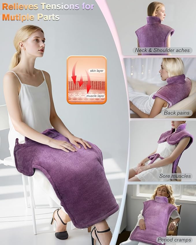 Heating Pad for Neck and Shoulders and Back, Pain Relief Electric Heating Pad Large Size 24”X33” with 4 Timers, 6 Heat Levels, Auto-Off, Mothers Day & Birthday Gifts for Women Mom Wife Grandma, Purple