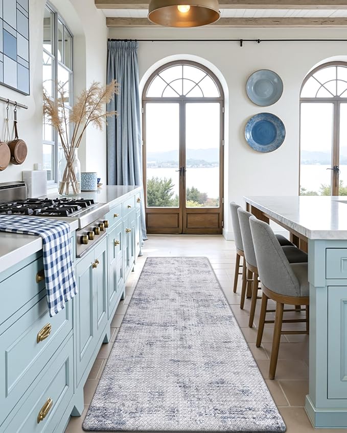 DEXI Kitchen Mats Cushioned Anti Fatigue, 23x86 Floor Padded Runner Rug Non Slip, Waterproof Standing Comfort Memory Foam for Front Sink Laundry, Blue
