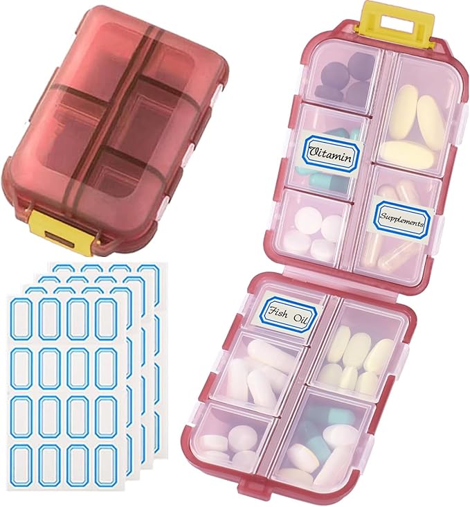 Travel Pill Organizer Portable Pocket Pill Case Small Pill Box for Purse Medicine Organizer Have 10 Compartments Storage Vitamin Fish Oil by INVODA (1PCS Red+Lables)