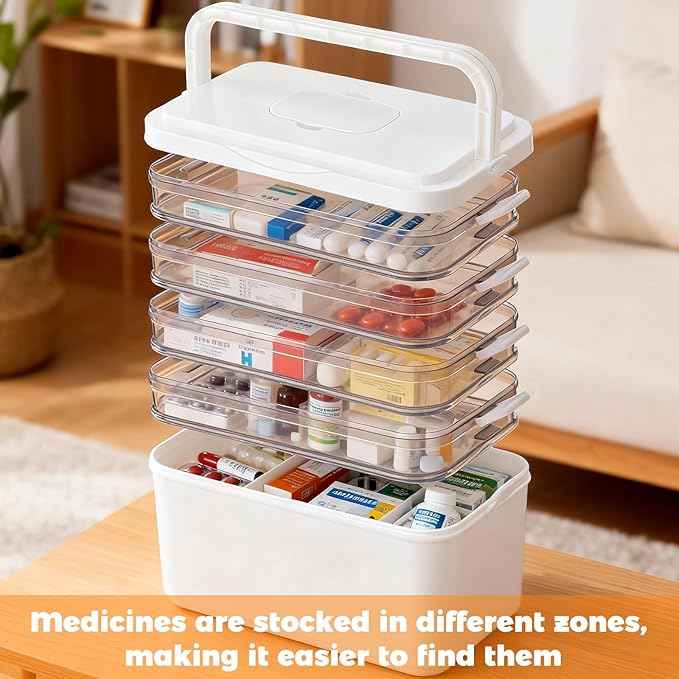 5-Tier Medicine Organizer-12 x 7 x 12.2 Inch Portable Medicine Cabinet Organizer with Plastic Handle All-Purpose Medical Box with Complimentary Portable Pill Box Empty First Aid Kit for Home