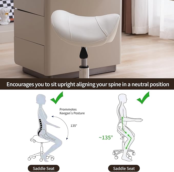 Saddle Stool, Swivel Saddle Stool with Wheels, Adjustable Rolling Stool 18"-26", Faux Leather Rolling Stool for Salon, Massage, Clinic, Lab, Office (White, 1PCS (18"-26"))