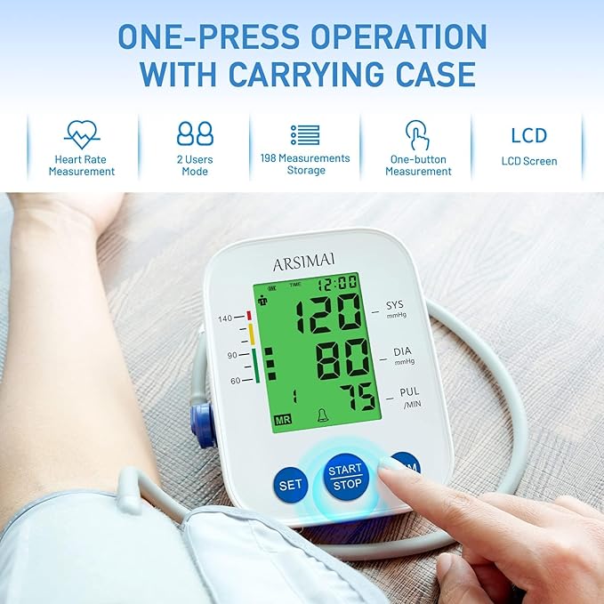 Blood Pressure Monitor Accurate Automatic Upper Arm High Blood Pressure Monitors Portable LCD Screen Powered by Battery with Adjustable Cuff and Storage Bag -White