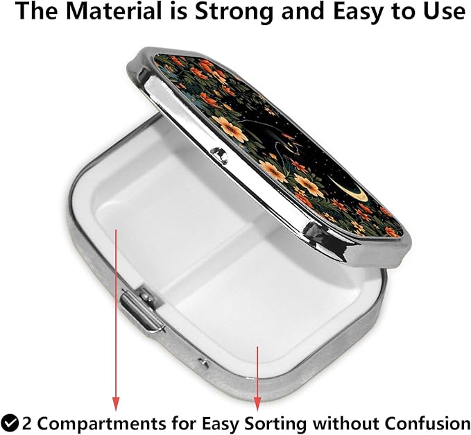 ABLESKY Pill Box, 2 Compartment Pill Organizer Case for Pocket or Purse, Small Portable Metal Travel Medicine Box with Mirror, Daily Vitamins Fish Oil Container-Cat and Moon Forest Floral