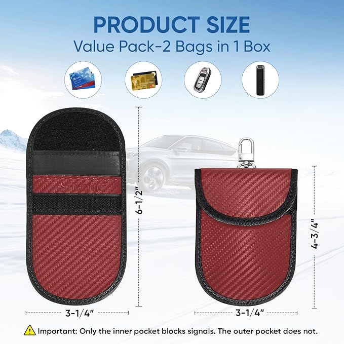 TICONN 2PK Faraday Bags for Car Keys Fob, 3.25"X4.75" Faraday Cage Protector, Car RFID Signal Blocking, Anti-Theft Pouch Anti-Hacking Case Blocker (Red, S)