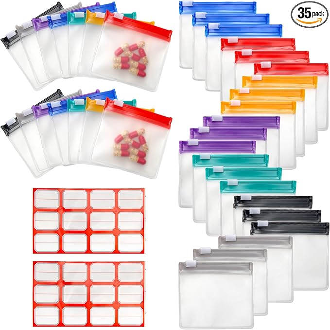 35+2 Pcs Pill Pouch Bags Zippered Pill Pouch Set with 2 Sheets Label, 7 Colors Pill Pouches for Medicine Travel Reusable Small Plastic Pill Bags for Travel/Home Daily use