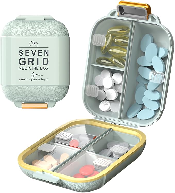 Weekly Pill Organizer 2-Layer 7 Compartments, Airtight Moisture-Proof Pill Box, Food-Grade Portable Travel Pill Case for Pills Capsules Tabs(Green)